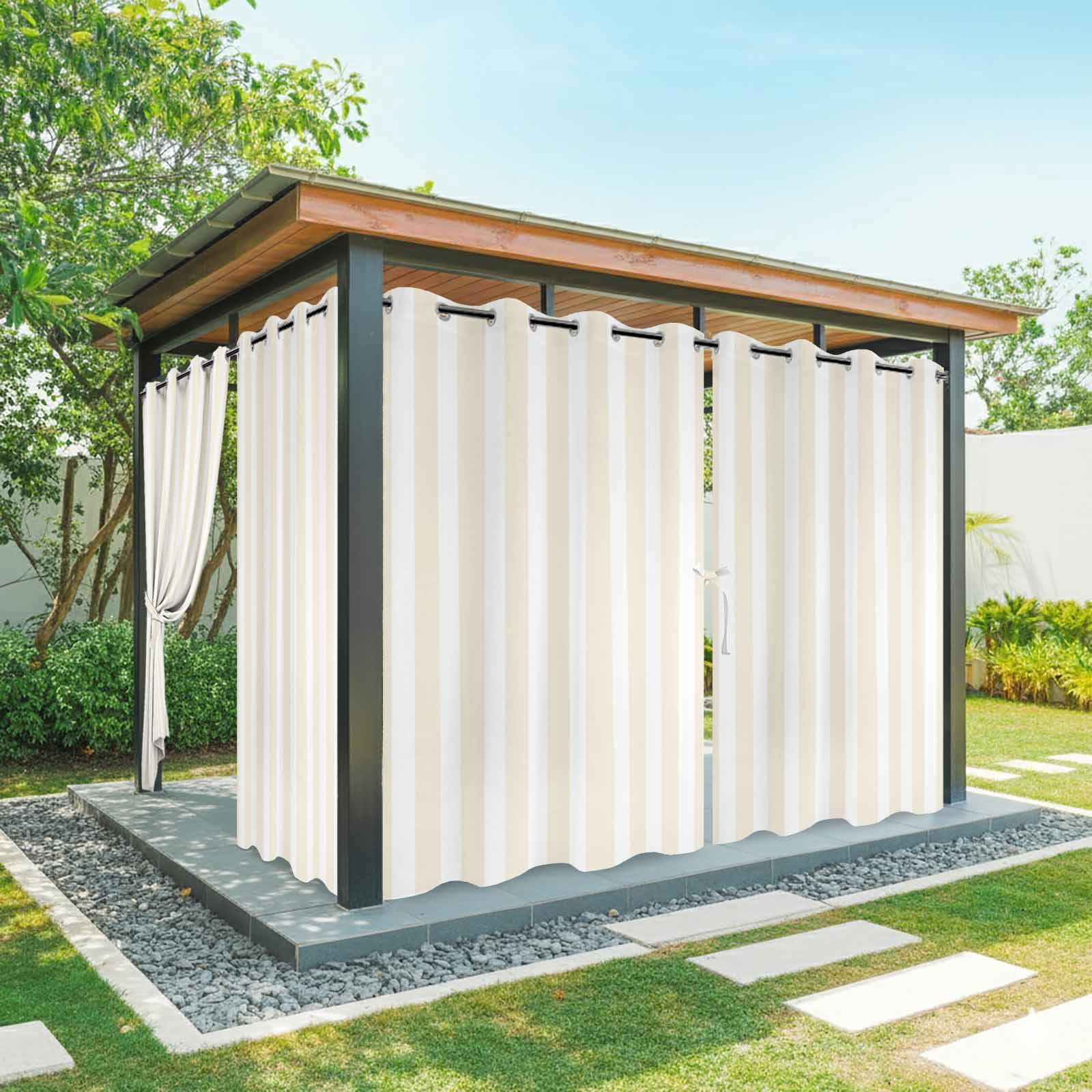 Cream and Outdoor Curtains for Patio Waterproof, White Striped Geometric Grommet Curtains for Porch Outside Privacy Drape for Gazebo Garden Pergola, 2 Panels, 54x108in