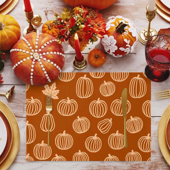 Cream Outline Pumpkins Placemats Set of 12, Autumn Maple Leaf Orange Non-Slip Place Mats Washable Table Mats for Kitchen Dining Table Decorations Indoor/Outdoor
