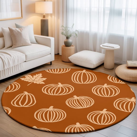 Cream Outline Pumpkins Round Living Room Rugs 4 ft, Autumn Maple Leaf Orange Washable Area Rug with Non-Slip Sturdy Edge Binding Round Carpet for Entryway Kitchen Bedroom Bathroom