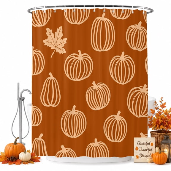 Cream Outline Pumpkins Shower Curtain for Bathroom, Autumn Maple Leaf Orange Waterproof Cloth Fabric Bathroom Accessories Set with 9 Rust Proof Plastic Hooks, 36"x72"