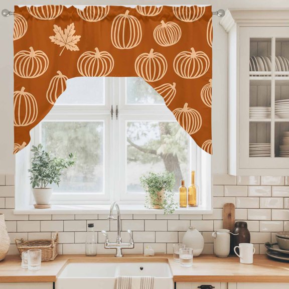 Cream Outline Pumpkins Swag Valance for Windows, Autumn Maple Leaf Orange Swag Curtains Valances for Small Window Treatment Rod Pocket for Kitchen Bathroom 1 Panel 56x36in