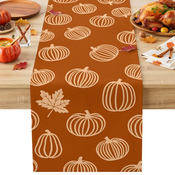 Cream Outline Pumpkins Table Runner 13x48 Inch Autumn Maple Leaf Orange Cotton Linen Dining Table Runner Ideal for Dresser Kitchen Coffee Tables - Machine Washable