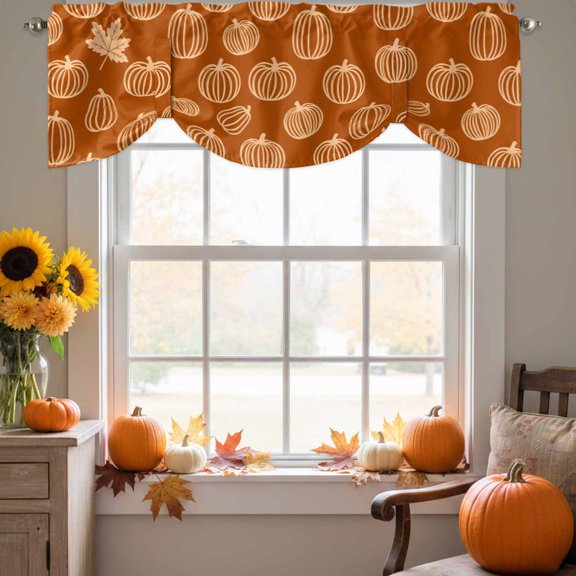 Cream Outline Pumpkins Tie Up Valance for Windows, Autumn Maple Leaf Orange Adjustable Rod Pocket Tie Up Valance Curtains Window Treatment for Kitchen Bathroom Bedroom 42 X 12 Inch