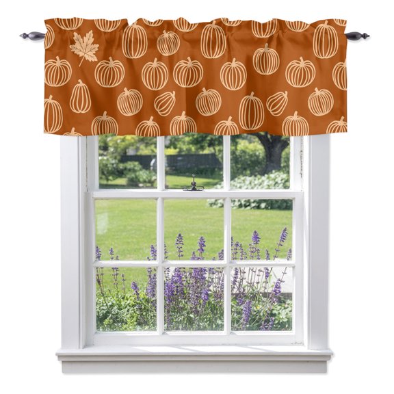 Cream Outline Pumpkins Valances for Windows Autumn Maple Leaf Orange Rod Pocket Light Filtering Short Window Treatments Curtains for Kitchen Bathroom Living Room Bedroom, 1 Panel, 42 x 12 Inch