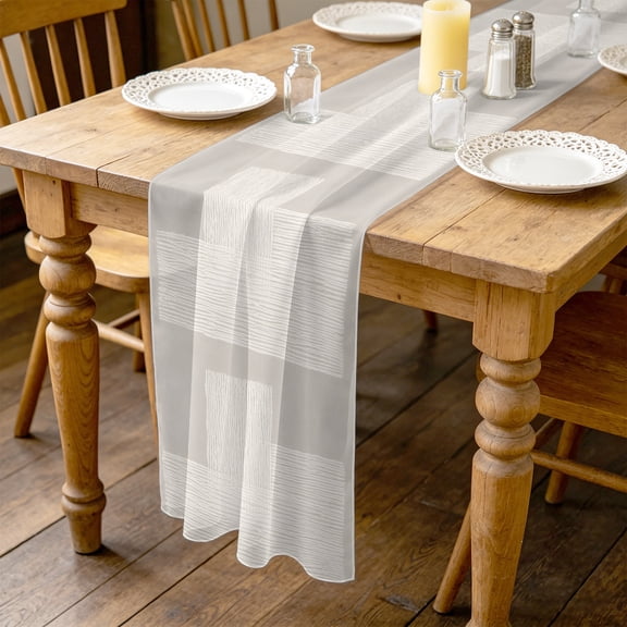 Cream Overlay Blocks 4.5ft Cheesecloth Table Runner for Wedding 19"x55", Abstract Minimalist Beige Line Art Kitchen Dinner Sheer Tulle Chiffon Dresser Scarf, Holiday Party Decorations