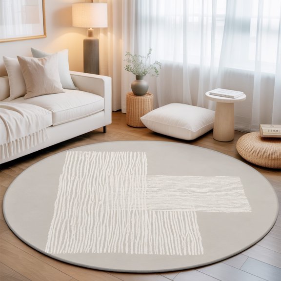 Cream Overlay Blocks 7' Round Rugs for Living Room Conversation Area, Abstract Minimalist Beige Line Art Washable Non Slip Large Circle Area Rug Under Dining Table