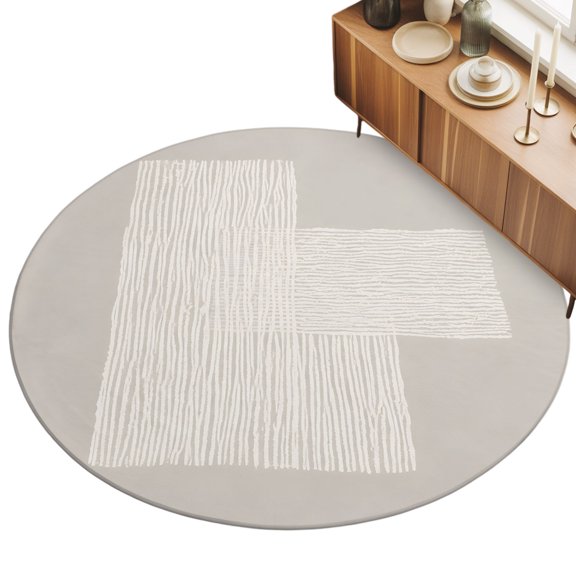 Cream Overlay Blocks Area Rug, Abstract Minimalist Beige Line Art Non-Slip Felt Rubber Backing Round Indoor Carpet Washable Rugs for Living Room Bedroom 8ft