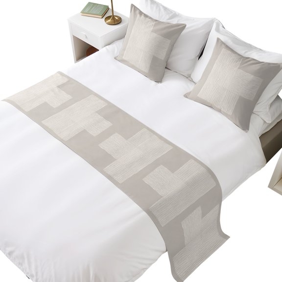 Cream Overlay Blocks Bed Runner Set, 83 x 20 Inch Abstract Minimalist Beige Line Art Bed Scarf with 2 Matching Pillow Covers, Decorative Bedding Scarf Protection for Bedroom Hotel