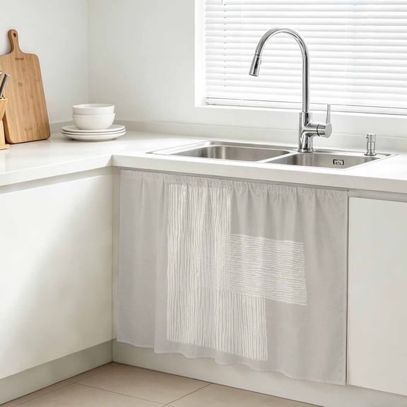 Cream Overlay Blocks Cabinet Curtains 28 x 35 Inch Abstract Minimalist Beige Line Art Under Sink Curtain for Closet Waterproof Self Adhesive Desk Skirt Privacy Drape for Kitchen Bathroom Laundry Room
