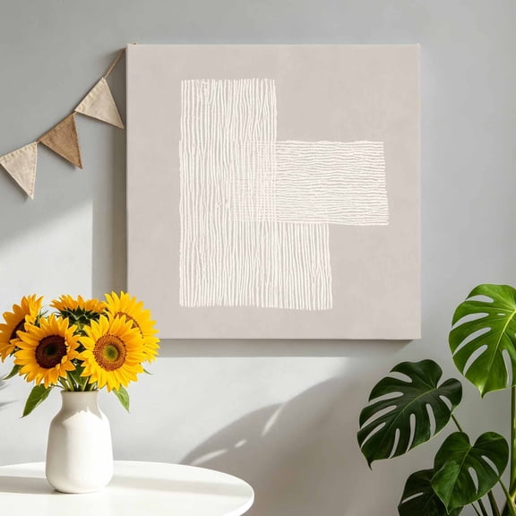 Cream Overlay Blocks Canvas Wall Art, Abstract Minimalist Beige Line Art Framed Canvas Wall Decor Picture Print Artwork Decorations for Living Room Office Ready to Hang 8" x 8"