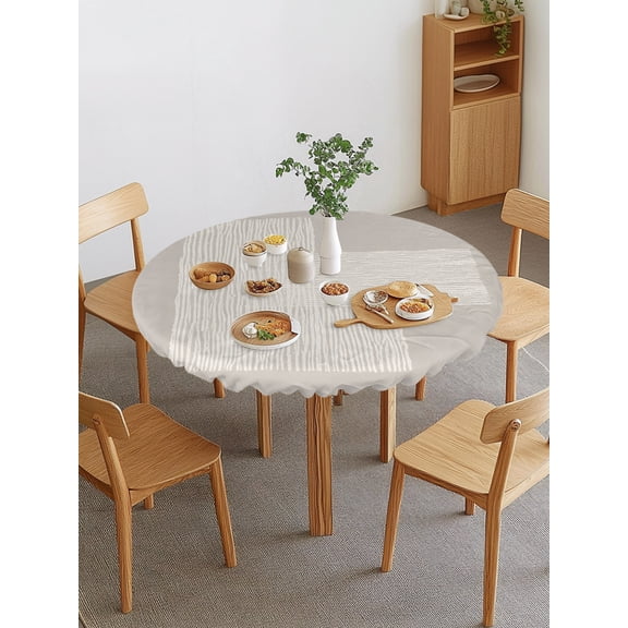 Cream Overlay Blocks Round Fitted Tablecloth with Elastic Edge, Abstract Minimalist Beige Line Art Waterproof Stretch Table Covers for 36"-44" Tables Wipeable Table Cloth for Outdoor