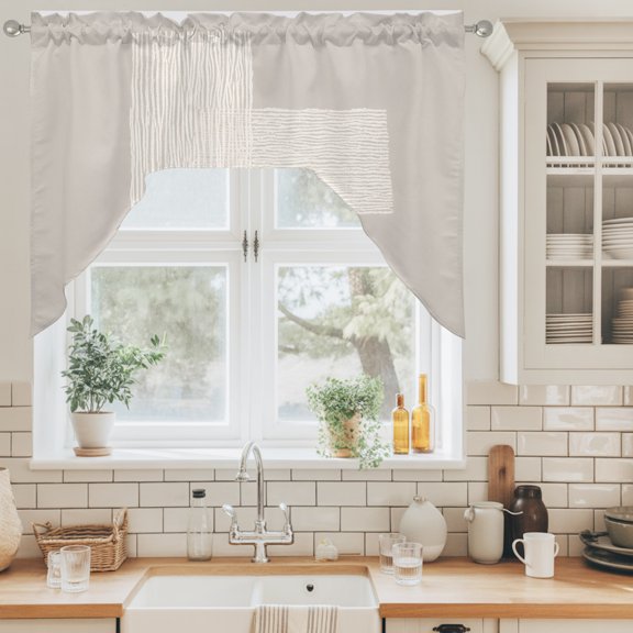 Cream Overlay Blocks Swag Valance for Windows, Abstract Minimalist Beige Line Art Swag Curtains Valances for Small Window Treatment Rod Pocket for Kitchen Bathroom 1 Panel 56x36in