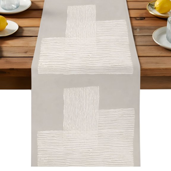 Cream Overlay Blocks Table Runner, Abstract Minimalist Beige Line Art Cotton Linen Table Cloth, Tablerunner for Kitchen Dining Party Wedding Home Decor 13x36 Inch