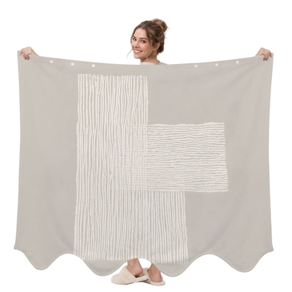 Cream Overlay Blocks Wearable Blanket, Abstract Minimalist Beige Line Art Plush Thick Cozy Flannel Oversized Adult Throw Body Wearable Blankets with Pocket Gifts for Women Men 58x64in