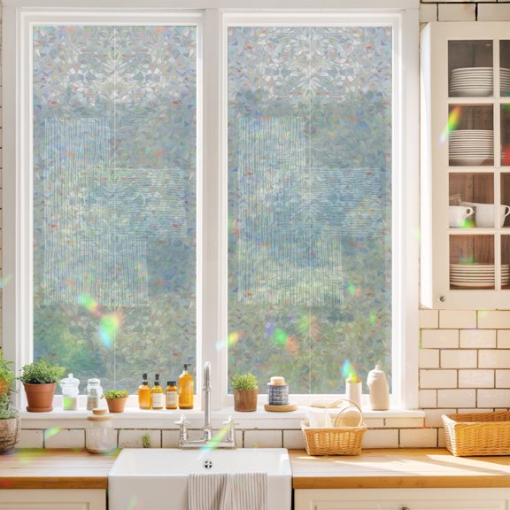 Cream Overlay Blocks Window Privacy Film Abstract Minimalist Beige Line Art Static Cling Stained Glass Window Film Non-Adhesive Decorative Decals Rainbow Sticker 17.7"X39.3"