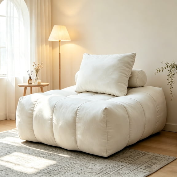 Cream Oversized Lazy Floor Bean Bag Sofa with Detachable Pillow, High Density Sponge Armless Accent Lounge Chair, No Assembly Ergonomic Support Single Couch for Bedroom Gaming Reading Dorm Apartment