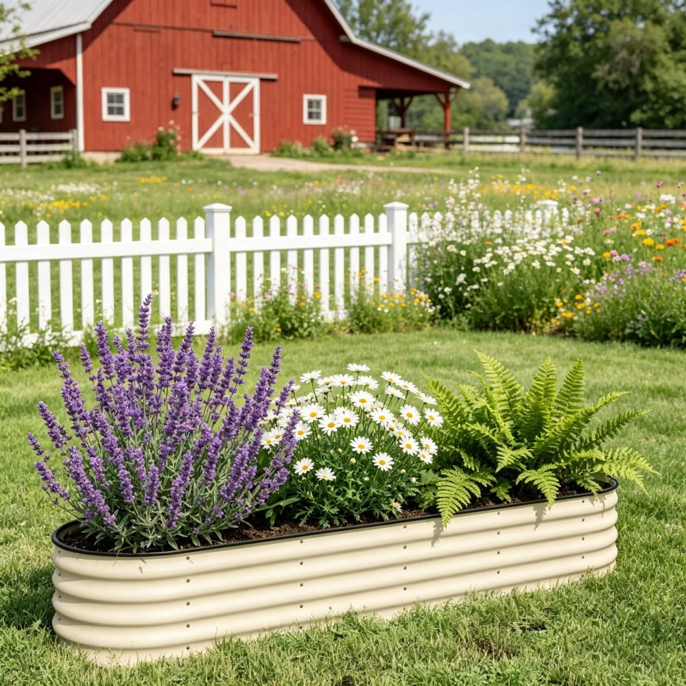 Cream Painted Galvanized Steel Raised Garden Bed, Open Bottom Planter, Modular Design with Rubber-Sealed Edges, Easy Assembly for Outdoor Gardening