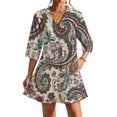 thumbnail image 1 of Cream Paisley Floral Textile Womens Dress With Pockets Summer V Neck 3/4 Sleeve Dress Plus Size Loose Dress, 1 of 7