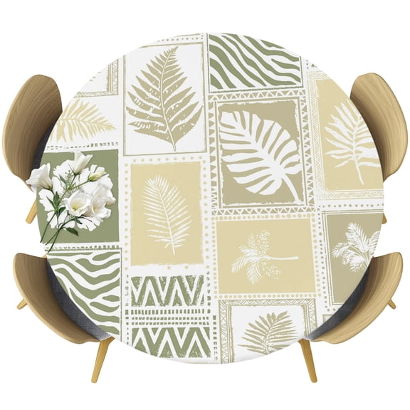 Cream Palm Leaves Round Tablecloth 36-44 Inch Round Fitted Table Cloth with Elastic Edge, Summer Tropical Floral Plants Sage Green Waterproof Table Cover Protector for Outdoor Picnic Party Dining