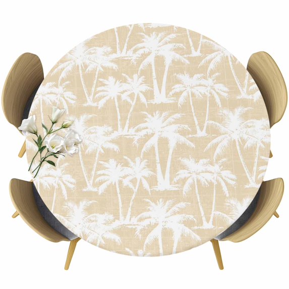 Cream Palm Tree Summer Round Tablecloth 36-44 Inch Round Fitted Table Cloth with Elastic Edge, Beach Tropical Botanical Coastal Waterproof Table Cover Protector for Outdoor Picnic Party Dining