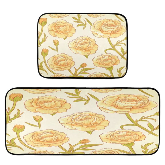 Cream Peonies 2-Piece Kitchen Carpet Mat Set, Non-Slip Memory Foam, Soft for Kitchen and Living Room Use