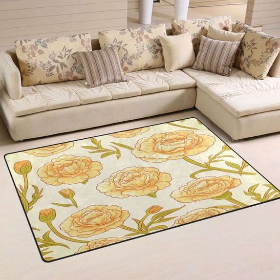 Cream Peonies Soft Polyester Area Rug 60''x39'', Non Slip, Memory Foam, Water Absorbent