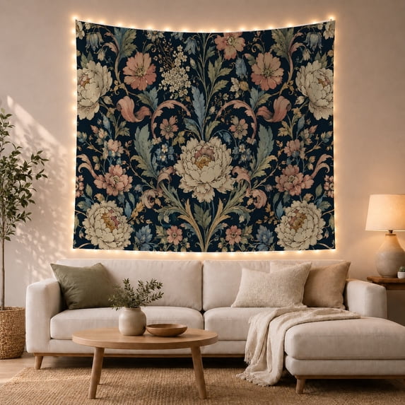 Cream Peony with Teal Leaves on Navy Background, Serene Vintage Style for Flower Lovers, Botanical Wall Art Mother's Day Gift, Tapestry Wall Hanging for Bedroom and Living Room