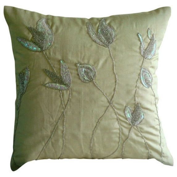 Cream Pillows Cover, Contemporary Floral Pillow Cover, 12x12 inch (30x30 cm) Cushion Cover, Art Silk Square Pillows Cover, Sequins and Beaded Lily Flower - Lily Of The Valley