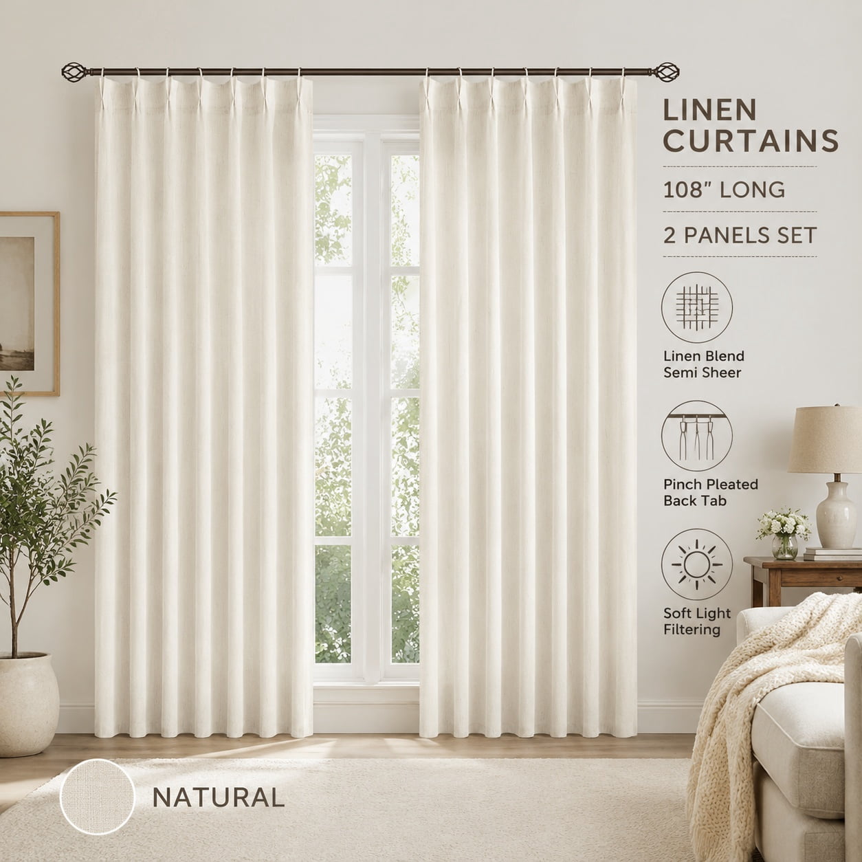 Cream Pinch Pleat Linen Curtains 54 Inch Light Filtering Semi Sheer ...
