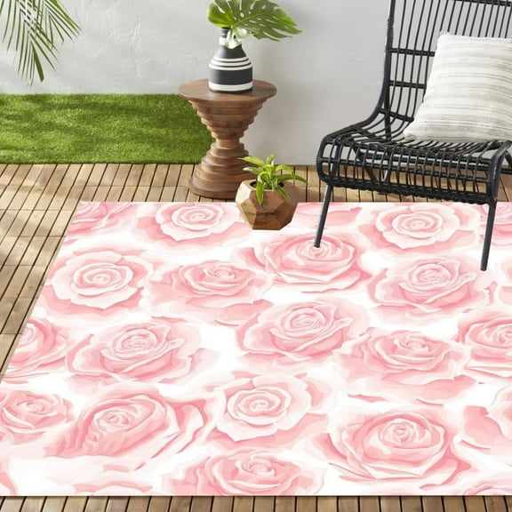 Cream Pink Roses Flower Texture Modern Farmhouse Square Indoor Outdoor Rug Waterproof Non Slip Floral Area Rug For Porch Camping Deck Balcony Backyard Patio 3x4ft