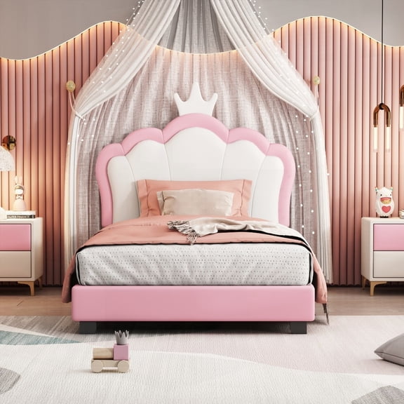Twin Size Plywood Platform Bed with Crown Headboard, Cream+Pink, No Box Spring Needed, Quiet Sleeping, for Bedroom