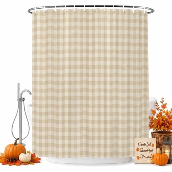 Cream Plaid Shower Curtain, Waterproof Shower Curtains for Bathroom, Gingham Checked Minimalist Modern Washable Fabric Bathtub Curtain Set Bath Decor with 12 Hooks 48"x72"