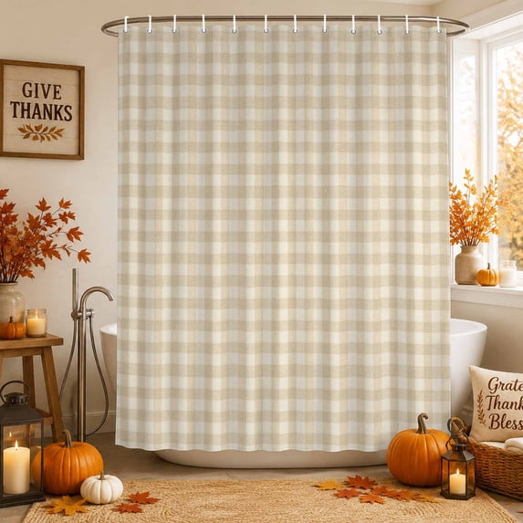 Cream Plaid Shower Curtains for Bathroom, Gingham Checked Minimalist Modern Waterproof Fabric Shower Curtain, Decorative Bathroom Curtain for Bathtub, 72"x72", No Hooks Included