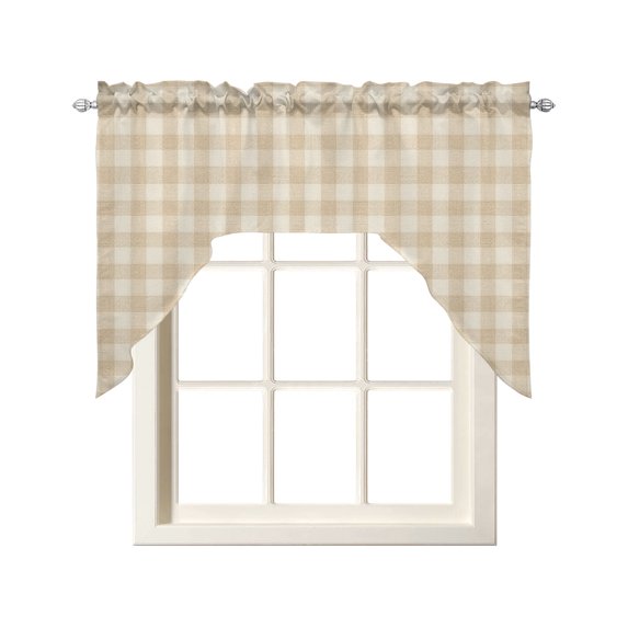Cream Plaid Swag Curtains for Kitchen Gingham Checked Minimalist Modern Valances for Windows Rod Pocket Small Window Treatment Short Topper for Cafe Bedroom Bathroom Living Room Decor 56x36 Inch