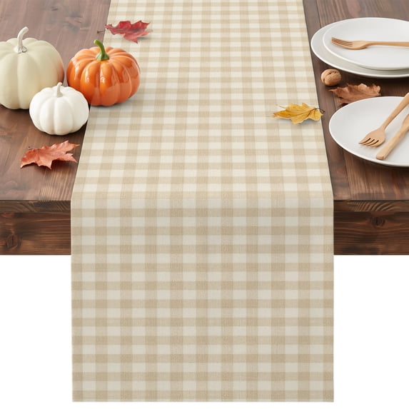 Cream Plaid Table Runner - 72 Inch Long Gingham Checked Minimalist Modern Cotton and Linen Blended Dress Scarves Farmhouse Table Runner for Kitchen Dining, Coffee Table, 13" x 72"
