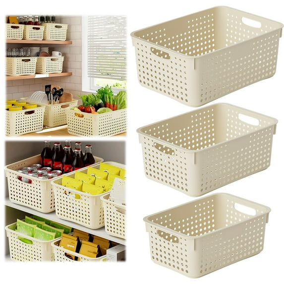 Cream Plastic Storage Basket, Ventilated Stackable Organizer Bins for Kitchen Office Countertop Desktop, Multi-Purpose Utility Basket for Snacks Vegetables Utensils, Home Supplies