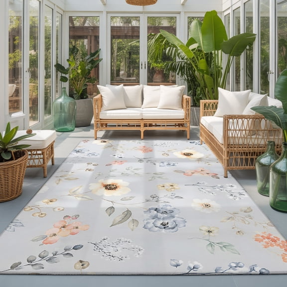 Cream Poppies 6'x9' Rugs for Dining Room Table Chair Setup, Modern Boho Chic Floating Petals Blue Floral Botanical Soft Sturdy Washable Non Slip Rectangle Area Rug for Living Room