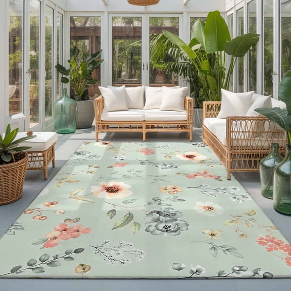 Cream Poppies 8'x10' Large Area Rugs Modern Boho Chic Floating Petals Green Floral Botanical Washable Area Rugs Non-Slip Indoor Floor Mats Large Carpet for Living Room Bedroom Dining Room