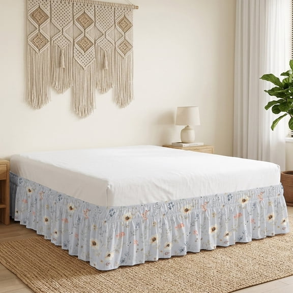 Cream Poppies Bed Skirt 18 Inch Drop, Modern Boho Chic Floating Petals Blue Floral Botanical Wrap Around Dust Ruffle Bedskirt with Adjustable Elastic Belt for California King Size Beds