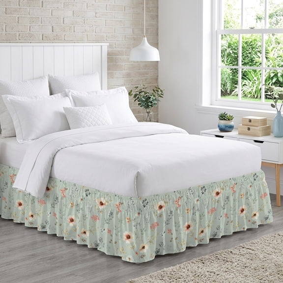 Cream Poppies Bed Skirt King Size 18 Inch Drop, Modern Boho Chic Floating Petals Green Floral Botanical Adjustable Elastic Dust Ruffles Bedskirt for King Bed Wrap Around Pleated Mattress Frame Cover