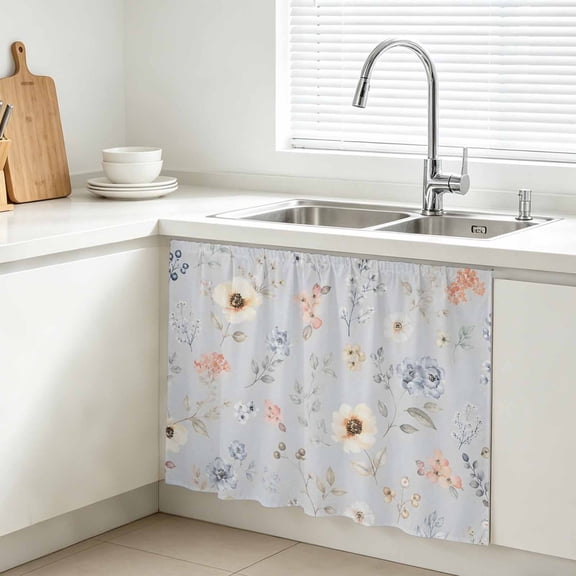 Cream Poppies Cabinet Curtain, Modern Boho Chic Floating Petals Blue Floral Botanical Sink Skirt for Bathroom, Under Sink shelf Curtain Privacy Drape for Kitchen Laundry Room 10x11in