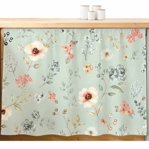 Cream Poppies Cabinet Curtains 10"Wx11"L, Modern Boho Chic Floating Petals Green Floral Botanical Under-Desk Privacy Dust Proof Drape Dishwasher Curtain Sink Skirt for Kitchen Closet Bathroom Laundry