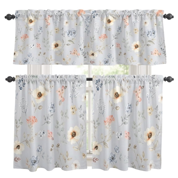 Cream Poppies Kitchen Curtains Valances 3 Piece Set, Modern Boho Chic Floating Petals Blue Floral Botanical Rod Pocket Tier Curtain and Valance Drapes for Small Window 24 Inch Length for Bedroom Cafe