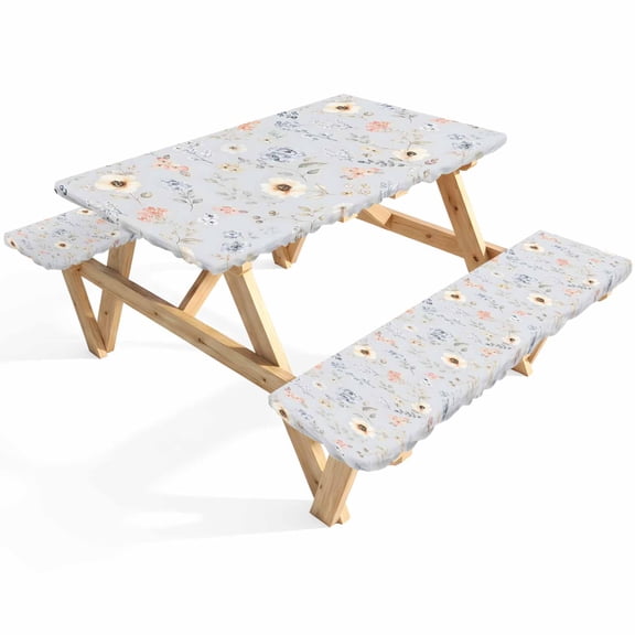 Cream Poppies Picnic Table Cover with Bench Covers Modern Boho Chic Floating Petals Blue Floral Botanical Waterproof Fitted Picnic Tablecloth 3 Pieces Set Table Cloth for Outdoor Camping Garden BBQ