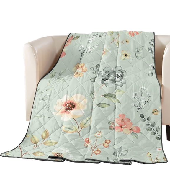 Cream Poppies Quilted Comforters Cooling Blanket King Size, Modern Boho Chic Floating Petals Green Floral Botanical Cold Comfort for Hot Sleepers Lightweight Air Conditioning Quilt Blanket for Bed
