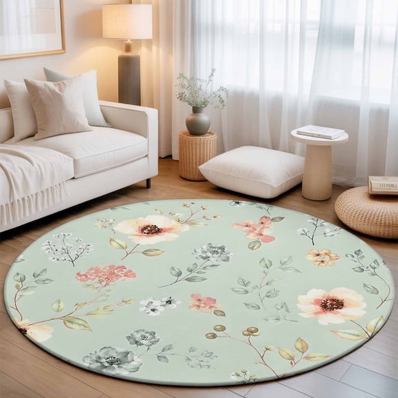 Cream Poppies Round Area Rugs 3 ft, Modern Boho Chic Floating Petals Green Floral Botanical Washable Small Area Rug with Non-Slip Sturdy Edge Binding Round Front Door Mat Floor Carpet for Entryway