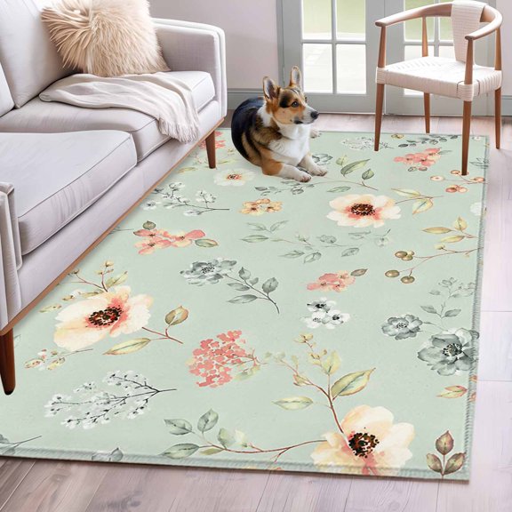Cream Poppies Runner Rug Non Slip 2.7x5 Modern Boho Chic Floating Petals Green Floral Botanical Washable Rug Runner for Hallways Low Pile Stain Resist Carpet for Bathroom Bedroom Entryway