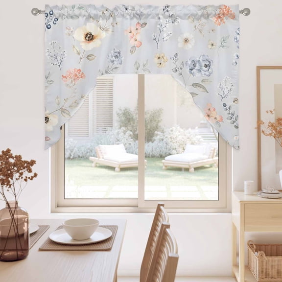 Cream Poppies Swag Valance for Windows, Modern Boho Chic Floating Petals Blue Floral Botanical Swag Curtains Valances for Small Window Treatment Rod Pocket for Kitchen Bathroom 1 Panel 56x36in