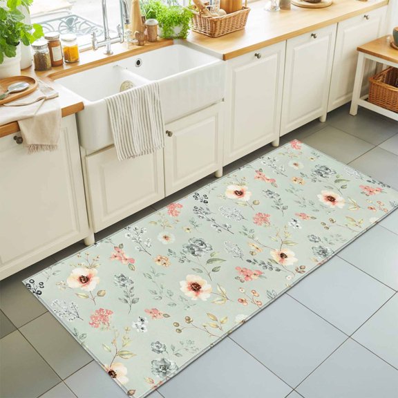 Cream Poppies Washable Runner Rugs 2'x6', Modern Boho Chic Floating Petals Green Floral Botanical Washable Runner Rug Non-Slip Sturdy Edge Binding Carpet for Bedside Hallway Runner Kitchen Galley