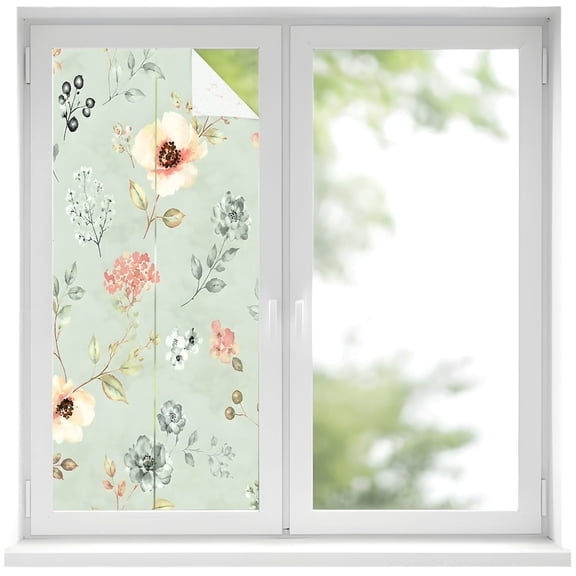 Cream Poppies Window Privacy Film, Modern Boho Chic Floating Petals Green Floral Botanical Frosted Glass Window Clings Static Cling UV Heat Blocking Reusable Door Sticker for Bathroom 19.6x39.3 Inch